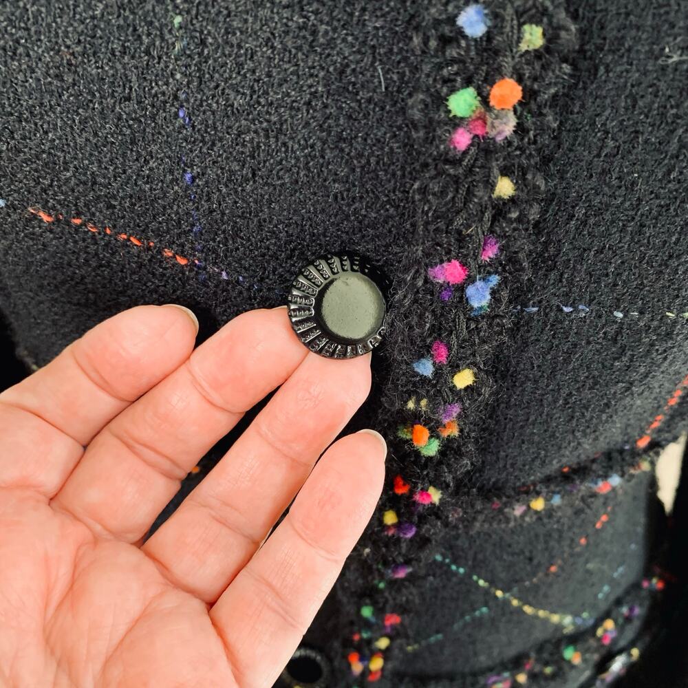 Vintage Rickie Freeman Size 8 Wool Tweed Blazer Jacket Black Colorful Fringe - Picture 8 of 13